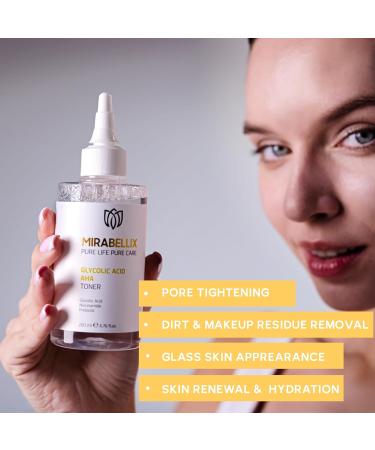 Mirabellix Glycolic Acid AHA Toner 200ml - Exfoliating Face Toner with Niacinamide Prebiotics & Witch Hazel Water for Oily Combination and Blemish-Prone Skin - Brightens Smooths and Tightens Skin - Buy Online on GoSupps.com