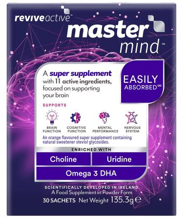 Mastermind Memory & Focus Super Supplement by Revive Active - Supports Brain & Cognitive Function in 1 Daily Sachet - Mental Performance with Omega 3 DHA Vitamin B5 Uridine & Choline - 30 Day Supply