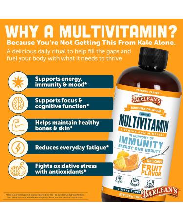 Barlean's Liquid Multivitamin for Women Men & Kids 21 Essential Vitamins & Minerals Includes Biotin B-Complex Vitamins C D3 & K2 Smoothie-Like Daily Supplement Tropical Flavor 16 fl oz 16 Fl Oz (Pack of 1) - Buy Online on GoSupps.com