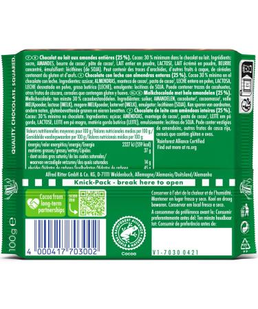 RITTER SPORT-Whole Almonds- 100 g bar Milk chocolate - Take it everywhere - Box of 11 bars - Buy Online on GoSupps.com