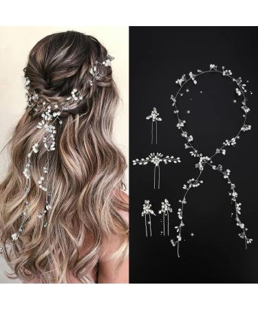 WIOR Wedding Hair Vine for Brides  39.4 Inch Crystal Beads Bridal Hair Pieces with 4 Pearl Hair Pins  Handmade Rhinestones Headpieces Wedding Hair Accessories for Bride Bridesmaids Prom Party - Silver