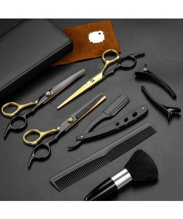 Hair Scissors,11Pcs Professional Black Gold Hair Cutting Scissors Shears Sets,Stainless Steel Barber Scissors Supplies,Straight Shears, Thinning Shears, Multi Use Haircut Sets for Home Salon Barber
