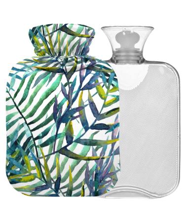 NAANLE hot water bottle with cover watercolor palm leaf transparent hot water bottle 2 l large hot water bottle for menstrual cramps relief of hand feet heat and cold therapy