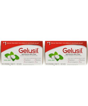 Gelusil Antacid & Anti Gas Tablets for Heartburn Relief, Acid Reflux, Bloating and Gas, Cool Mint - 100ct Blister Pack, 2 Count cool mint 100 Count (Pack of 2)