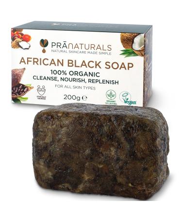 PraNaturals 100% Organic Raw African Black Soap 200g Ethically Sourced and Handcrafted in Ghana For All Skin Types Detoxifying and Anti-Ageing All Pure Natural Vegan Unprocessed