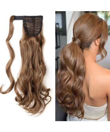 Ponytail Extension Wrap Around Long Straight Curly Clip in Ponytail Hair Extensions for Women Brown Black Blonde Hairpiece 17"-Curly Light Brown Light Brown 17 Inch