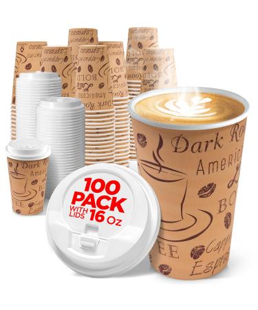 Disposable Coffee Cups with Lids 16 oz (100 Pack) - To Go Paper Coffee Cups for Hot & Cold Beverages, Coffee, Tea, Hot Chocolate, Water, Juice - Eco Friendly Cups 100 Count (Pack of 1) 16oz Java - With Lids