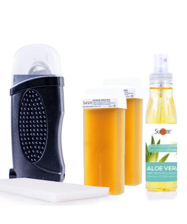 Sunting wax roll-on depilatory set warm wax device with 2 waxing cartridges 2x 100ml for hair removal with fleece strips (black set)