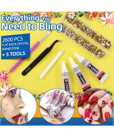 GLARKS B7000 Jewelry Adhesive Glue with Rhinestone Gems Kit 2600Pcs Yellow Rhinestones with Gems Adhesive Flat Back Gems Crystal Rhinestones with 6Pcs Dotting Tools for Craft Nail Art Gold - Buy Online on GoSupps.com