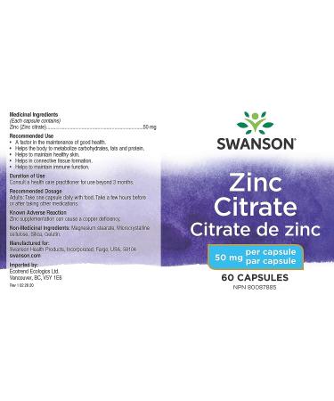 Swanson Zinc Citrate 50mg Immune Support & Prostate Health - 60 Capsules - Buy Online on GoSupps.com