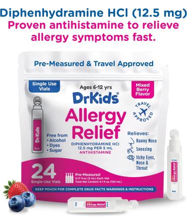 Dr. Kids Children's Allergy Relief Medicine with Diphenhydramine HCl 12.5 mg - Pre-Measured Single-Use Vials Kids Antihistamine for Sneezing Runny Nose & Itchy Eyes Mixed Berry Flavor 24 Count - Buy Online on GoSupps.com