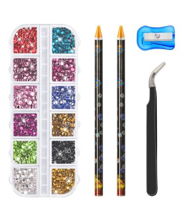 Subay 2500Pcs Nail Art Rhinestones Kit  Nail Art Decorations Stones  Crystals  Gems and Rhinestones with 3 Size 12 Colors of Colorful Rhinestones  Storage Organizer Box Tweezer and 2 Wax Pencils 2/3/4mm Multicolor Rhines...
