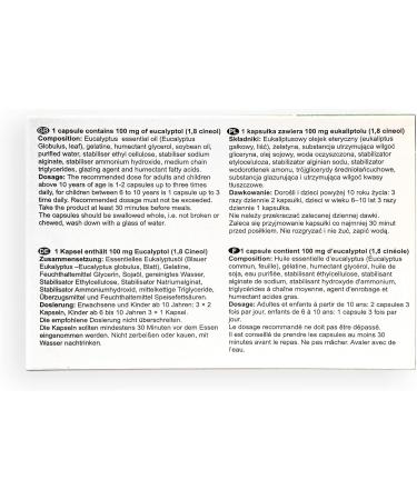 Cineol Eucalyptol - 100% natural - capsules with eucalyptus oil - against inflammation of the upper respiratory tract and colds - dietary supplement - 100 pcs. - Buy Online on GoSupps.com