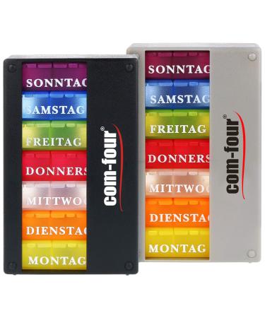 COM -FOUR 2x drug doser 7 days - medication box (morning lunch evening) - Pill dose - tablet dose - Week doser (black + silver colors)