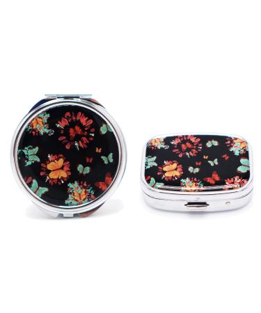 Pill Box - 3 & 2 Compartments - 2pcs Medicine Pill Case Portable Vitamin Holder Organizer for Purse Pocket Travel Gifts Jewelry Storage Box (with Mirror) (Butterfly)