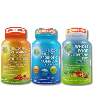 Gut Health Immunity Energy & Nutrient Support 3-in-1 Probiotic with Digestive Enzymes + Liposomal Vitamin C 1500mg + Whole Food Multivitamin Without Iron Vegan Non-GMO Clean Wellness Support