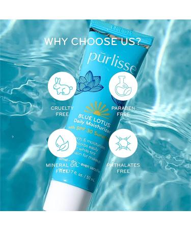 Purlisse Blue Lotus SPF 30 Essential Daily Moisturizer | Cruelty-Free & Clean | Anti-Aging | Reef Safe | Non-Greasy Formula with Vitamin E & Algae Extracts | 1.7oz - Buy Online on GoSupps.com
