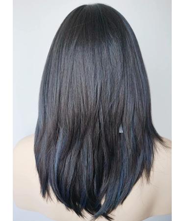 Medium Length Layered Highlighted Synthetic Wig with Bangs for White Women - Black Blue Mix - Buy Online on GoSupps.com