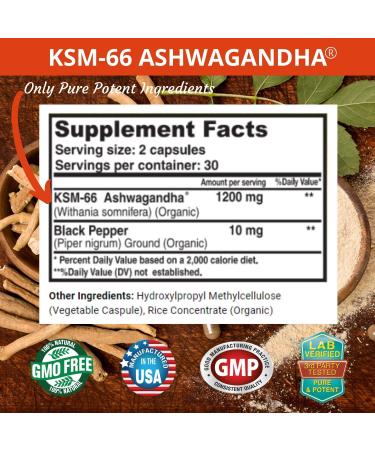 Ashwagandha KSM-66 1200mg Supplement with Black Pepper for High Absorption - Vegan - 60 Capsules - Buy Online on GoSupps.com