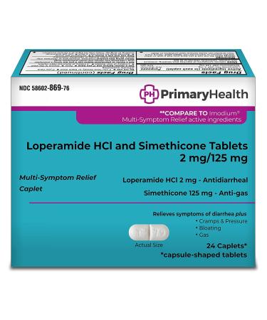 Primary Health Anti-Diarrheal & Anti-Gas, Loperamide Hydrochloride and Simethicone for Diarrhea, Gas, Bloating, Cramps, Pressure 24 Caplets