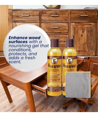 Howard Feed & Wax Furniture Polish - 2 Pack with Microfiber Towel - Beeswax Wood Conditioner for Enhanced Grain & Finish Preservation - Ideal Wood Polisher - 8 oz - Buy Online on GoSupps.com