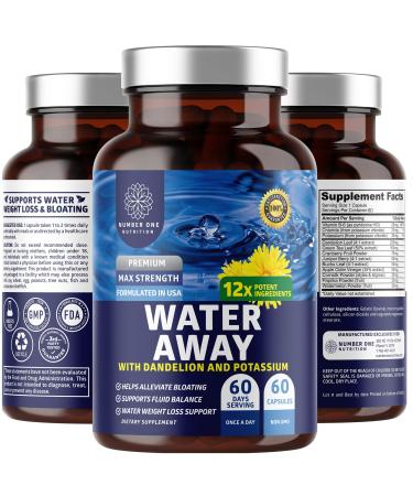 N1 Nutrition Premium Water Away Pills Natural Diuretic Enhanced with Dandelion Leaf Extract & Potassium for Water Retention, Bloating & Swelling Relief, Non-GMO, 60 Caps