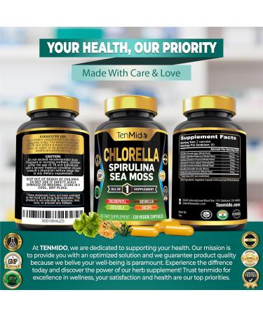 Tenmido Chlorella Supplement for Men and Women - 7in1 Formula with Spirulina Sea Moss Chlorophyll Gotu Kola Boswellia & Bacopa - Immune Support - Rich in Nutrient Vitamins - 120 Capsules - Buy Online on GoSupps.com