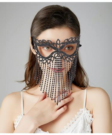 Bellady Rhinestone Cat Eye Fringe Masquerade Mardi Gras Mask with Satin Tie Back Black - Buy Online on GoSupps.com