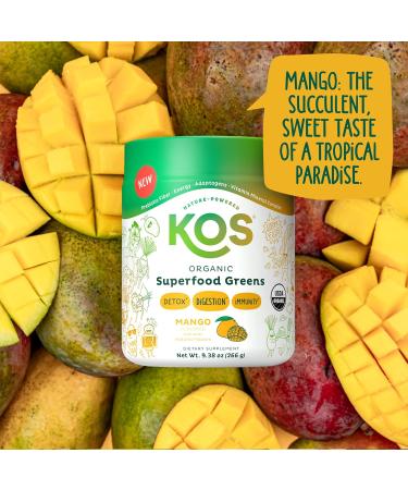 KOS Organic Superfood Greens Powder - Gut Health from Prebiotic Fiber Supergreens and Adaptogens - USDA Certified Organic Made in a GMP Certified Facility - 28 Servings Mango Mango 9.38 Ounce - Buy Online on GoSupps.com