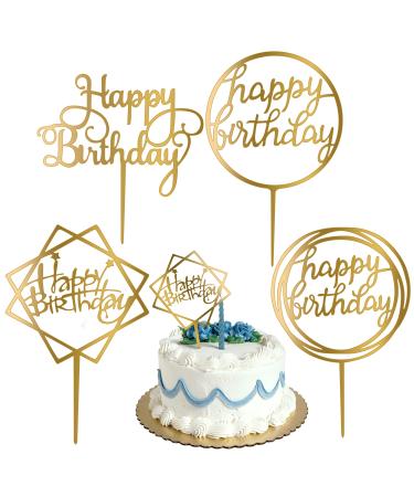 BakeMaestro Happy Birthday Cake Toppers - Gold Acrylic Cake Topper - 4 Different Shapes for Birthdays Event Decorations Supplies - Pack of 4 Golden