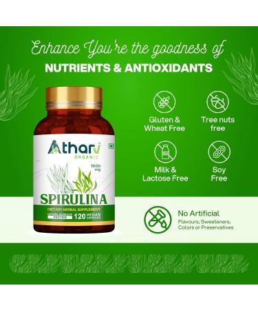 ATHARV ORGANIC Spirulina Supplement 1000mg | 120 Vegan Capsules | Rich in Natural Nutrients | Non-GMO & Gluten-Free | Daily Wellness Support - Buy Online on GoSupps.com