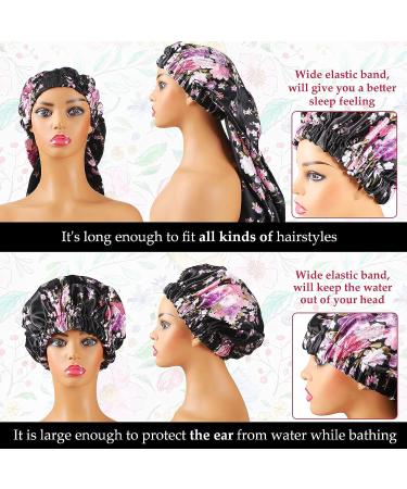 4-Piece Soft Hair Bonnets & Shower Caps Set for Women - Floral Black | Reusable, Adjustable, Waterproof Satin Caps for Silky Hair - Ideal for Sleeping & Bathing - Buy Online on GoSupps.com