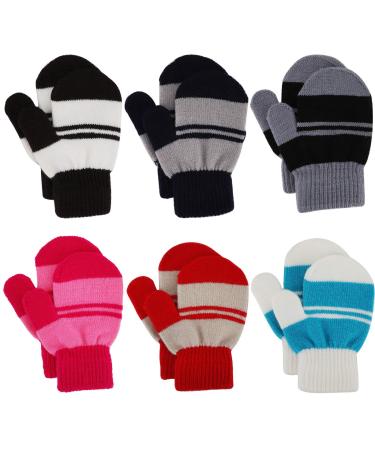 JUPSK Toddler Mittens Kids Winter Warm Knitted Stripe Gloves Magic Stretch Gloves for Baby Boys and Girls 1 2 3 4 Years Old 6 Pairs