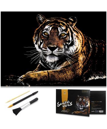 MIASTAR Scratch Art Animal Rainbow Painting Paper, Creative foil Scratch Art Toys Gift, Engraving Art & Craft Sets, DIY Sketch Card Scratchboard for Kids & Adults - 16'' x 11.2'' with 3 Tools (Tiger)