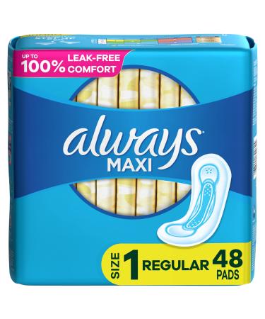 Always Maxi Feminine Pads For Women, Size 1 Regular Absorbency, Without Wings, Unscented, 48 Count Regular 48 Count (Pack of 1)