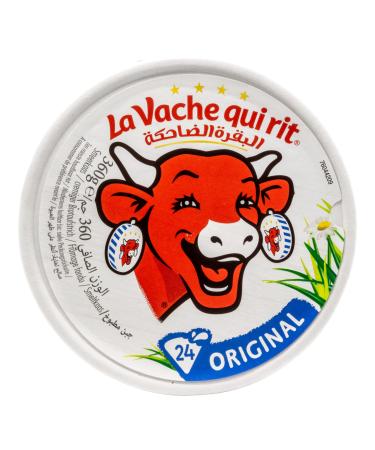 Generically La vache qui rit (the laughing cow) - French string cheese in 360 g round can - creamy bread spread made of milk and cheese in 24 portionable corners