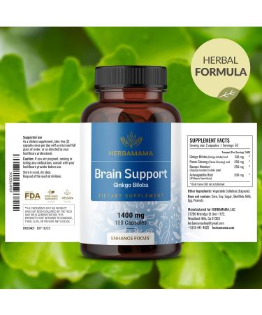 HERBAMAMA Brain Support Capsules - 1400mg Brain Support Supplement for Adults with Bacopa Panax Ginseng and Ginkgo Biloba - Vegan Non-GMO Focus Supplement 100 Caps (Pack of 2) - Buy Online on GoSupps.com