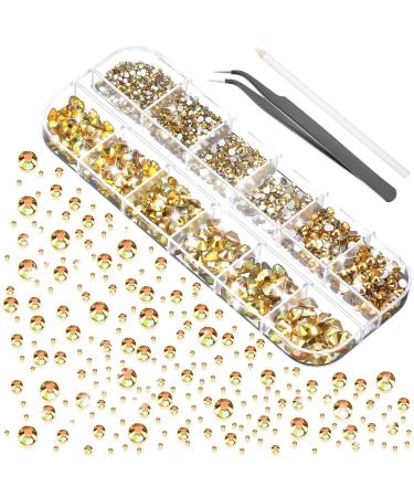 2000 Pieces Flat Back Gems Rhinestones 6 Sizes (1.5-6 Mm) Round Crystal Rhinestones with Pick up Tweezer and Rhinestones Picking Pen for Crafts Nail Clothes Shoes Bags DIY Art(Metallic Sunshine) Bright Color