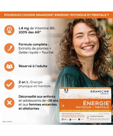 GRANIONS PHYSICAL AND MENTAL ENERGY BOOSTER | Ginseng Ginger Guarana Royal Jelly Vitamin B6 Coffeine - Memory and Concentration - Anti Fatigue Booster - 30 Drinkable Ampoules - Made in France - Buy Online on GoSupps.com