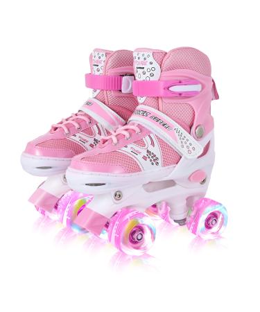 Roller Skates for Girls and Kids, 4 Sizes Adjustable Roller Skates, with All Wheels Light up, Fun Illuminating for Girls and Kids, Roller Skates for Kids Beginners, Pink Pink Medium-Big Kid(2-4.5)