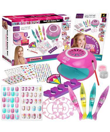 Amagoing Nail Art Kit for Girls  Kids Nail Polish Play Set with Nail Dryer  2 in 1 Nail Pens Sticky Cartoon Fake Nail  DIY Sticker  Nail Studio Decoration Birthday Christmas Gift for Kids Age 6-12