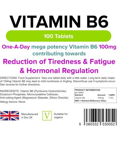 Lindens - Vitamin B6 100mg Tablets - 100 Pack - Ultra-Potent 7000% Nrv Contributes to Healthy Metabolism Reduction of Tiredness Normal Immune & Nervous System Function - UK Made Letterbox Friendly - Buy Online on GoSupps.com