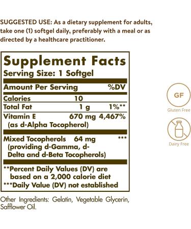 Solgar Vitamin E 670 mg (1000 IU) - 100 Softgels | Naturally Sourced Antioxidant - Buy Online on GoSupps.com