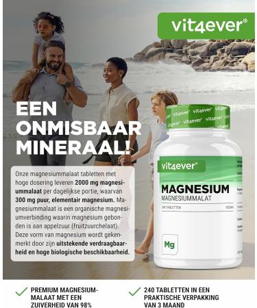 VitamineVersand24 DE Magnesium malate 240 tablets with 2000 mg magnesium malate per daily portion High bioavailability & high dosage Without unwanted additives Vegan - Buy Online on GoSupps.com