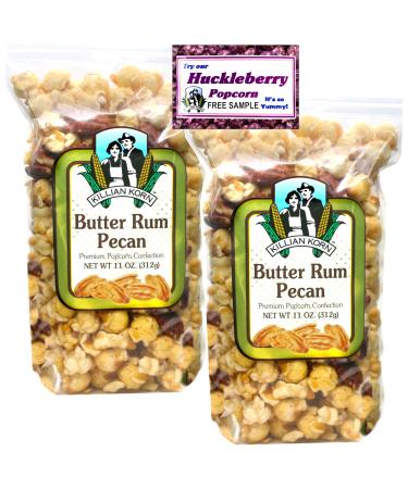 Killian Korn, Butter Rum Pecan Popcorn, "Sooo Yummy", All Naturally Flavored Popcorn, Perfectly Popped Popcorn, 11 oz (Pack of 2) + Includes-Free Huckleberry Gourmet Popcorn Sample Pack, .50 oz