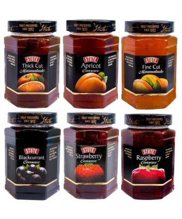 Stute Premium Natural Fruit Conserve & Marmalade Selection Pack of 6 340g Each - Apricot Blackcurrant Raspberry Strawberry Fine Cut Marmalade and Thick Cut Marmalade