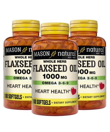 Mason Natural Flax Seed Oil 1000 mg Omega 3-6-9 - Healthy Heart and Immune System Supports Cardiovascular and Brain Health 100 Softgels (Pack of 3)