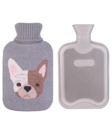 HomeTop Premium 2 Liter Classic Rubber Hot Water Bottle w/Cute Bulldog Knit Cover (2L, Gray) Gray 2 Liter