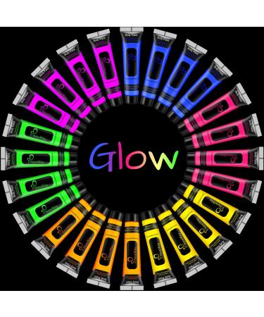 NewWay Glow in the UV Dark Body Paint Luminous Neon Paint, 1 FL.Oz x 24 Pcs in 6 Colors Party Supplies Black light Paint Water Soluble UV Light Makeup for Party Cosplay
