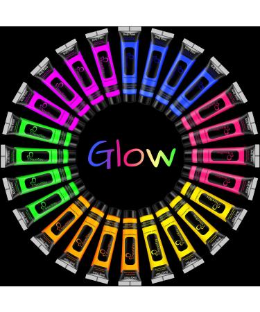 NewWay Glow in the UV Dark Body Paint Luminous Neon Paint, 1 FL.Oz x 24 Pcs in 6 Colors Party Supplies Black light Paint Water Soluble UV Light Makeup for Party Cosplay
